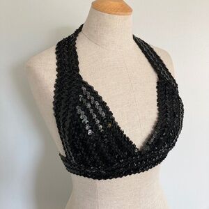 1970s Black Sequin Disco Top, Size S/M